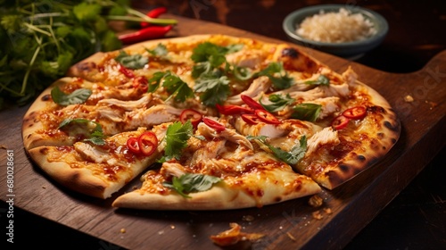 An artistic close-up of Thai Chicken Pizza capturing the sizzling textures of the crust and the melting cheese.