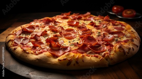 An elegant pepperoni and bacon pizza, captured from a side angle to showcase its toppings.