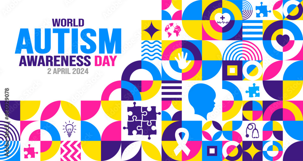 World autism awareness day Abstract Geometric minimalist simple shape and figure artwork puzzle pieces pattern background template celebrated in 2 April. use to banner, greeting card, poster. World autism awareness day Abstract Geometric minimalist simple shape and figure artwork puzzle pieces pattern background template celebrated in 2 April. use to banner, greeting card, poster.
