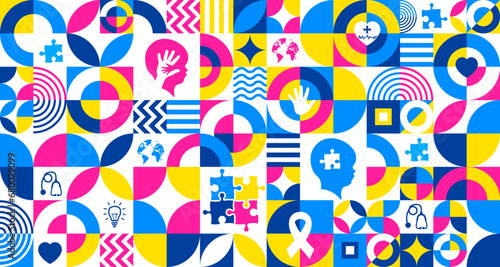 World autism awareness day Abstract Geometric minimalist simple shape and figure artwork  puzzle pieces pattern background template celebrated in 2 April. use to banner, greeting card, poster.