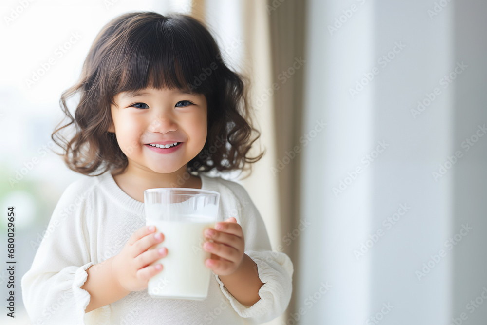 little Asian girl in white home kitchen holding glass of milk little Asian girl in white home kitchen holding glass of milk
