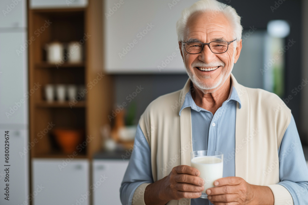 smiling senior man in eyeglasses at home kitchen and holding glass of milk smiling senior man in eyeglasses at home kitchen and holding glass of milk