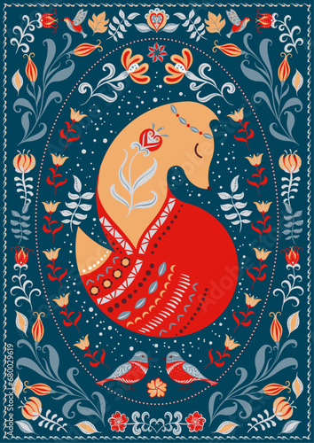 Red Fox with ornament in a frame of birds, flowers and leaves. Blue background. Folk Art. Scandinavian style. Card, logo, t-shirt design, label, logo.