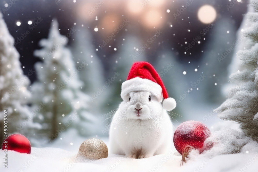 cute white rabbit in red Santa Claus hat with fabulous winter snowy forest and shiny balls on the background cute white rabbit in red Santa Claus hat with fabulous winter snowy forest and shiny balls on the background