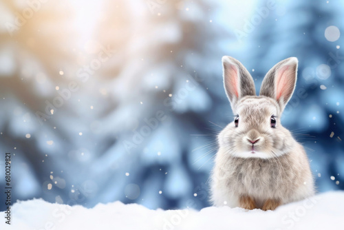 cute rabbit with fabulous winter snowy forest on the background