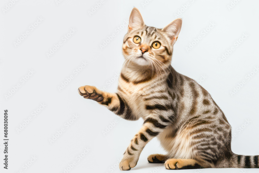 Tabby Cat with Extended Paw on a Light Background