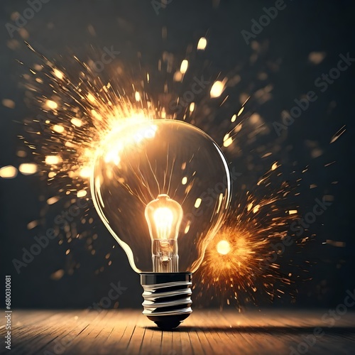 Light bulb, explosion of brilliant light bursts from the light bulb, enlightenment, new idea, epic fantasy, industrial revolution photo