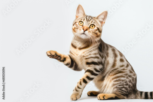 Tabby Cat with Extended Paw on a Light Background