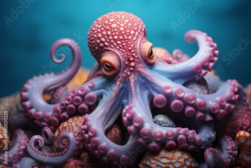 Close up of octopus insolated on blue background. photo