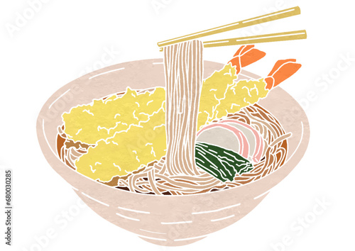 箸で麺を持ち上げている天ぷらそばのイラスト（版画風）