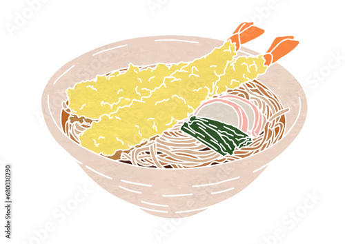 天ぷらそばのイラスト（版画風）