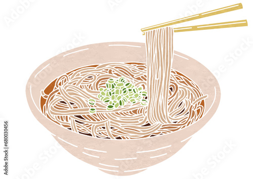 箸で麺を持ち上げているかけそばのイラスト（版画風）