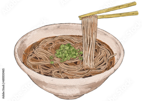 箸で麺を持ち上げているかけそばのイラスト（水彩風）