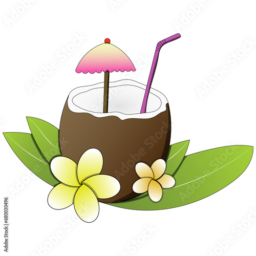 Coconut juice with a straw and paper umbrella for drinking by the seaside or during vacation or holiday