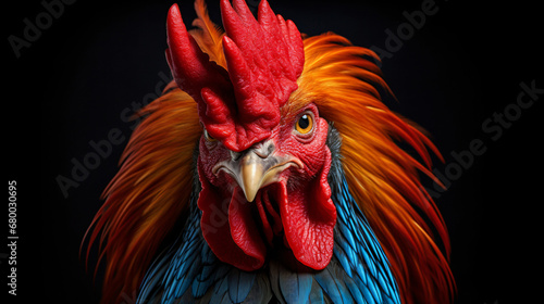 Multi colored rooster close up