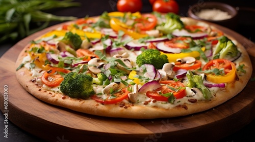 Capture the essence of a California Veggie Pizza, highlighting the vibrant medley of fresh vegetables that define its unique character.