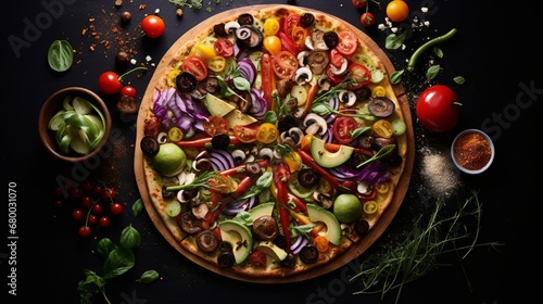 Capture the essence of a California Veggie Pizza with a focus on its artfully arranged toppings, a celebration of local harvests.