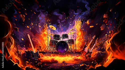 Musical explosion illustration. Scene with musical instrument