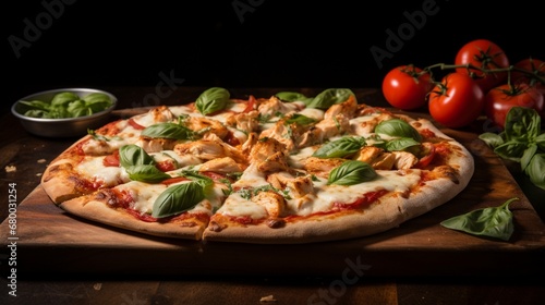 Classic Margherita Chicken Pizza with juicy tomatoes, fresh mozzarella, and basil leaves