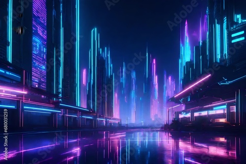 Cyberpunk-style digital cityscape with neon lights and futuristic architecture