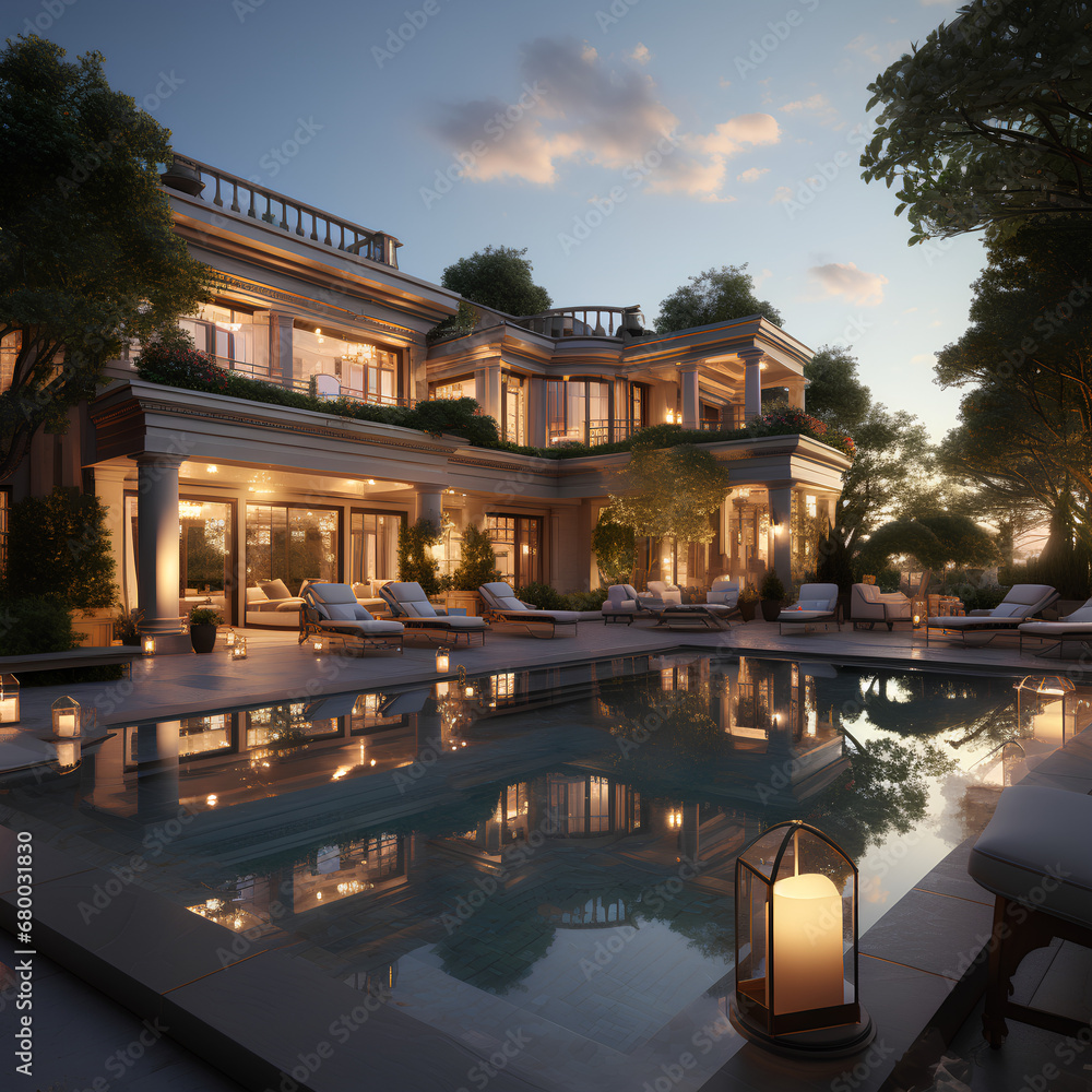A luxurious modern Neoclassic style villa, slick, roof tile, sunset time, nice elements in the elevations, nice garden with swimming pool, PNG, 300 DPI A luxurious modern Neoclassic style villa, slick, roof tile, sunset time, nice elements in the elevations, nice garden with swimming pool, PNG, 300 DPI