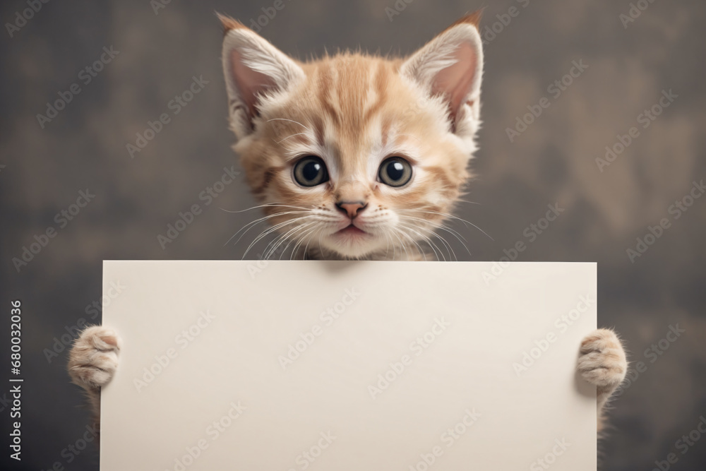 Adorable kitten holding a blank sign Adorable kitten holding a blank sign