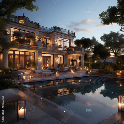 A luxurious modern Neoclassic style villa, slick, roof tile, sunset time, nice elements in the elevations, nice garden with swimming pool, PNG, 300 DPI © Leokensiro