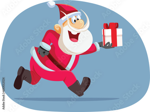 Santa Claus Delivering Presents in time for Christmas vector Illustration. Cheerful Santa Holding an Xmas gift box running fast 
