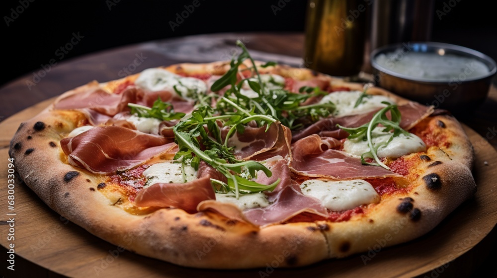 Close-up on the bubbling cheese and crispy prosciutto of a Parma Ham Pizza, promising a delightful balance of flavors.