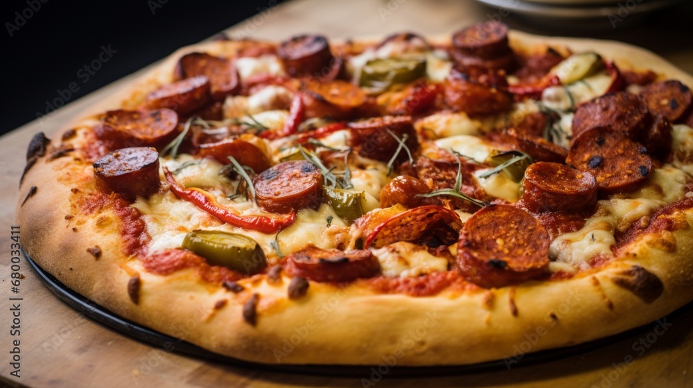 Close-up view of a Chicken and Chorizo Spanish Pizza, highlighting the smoky chorizo slices