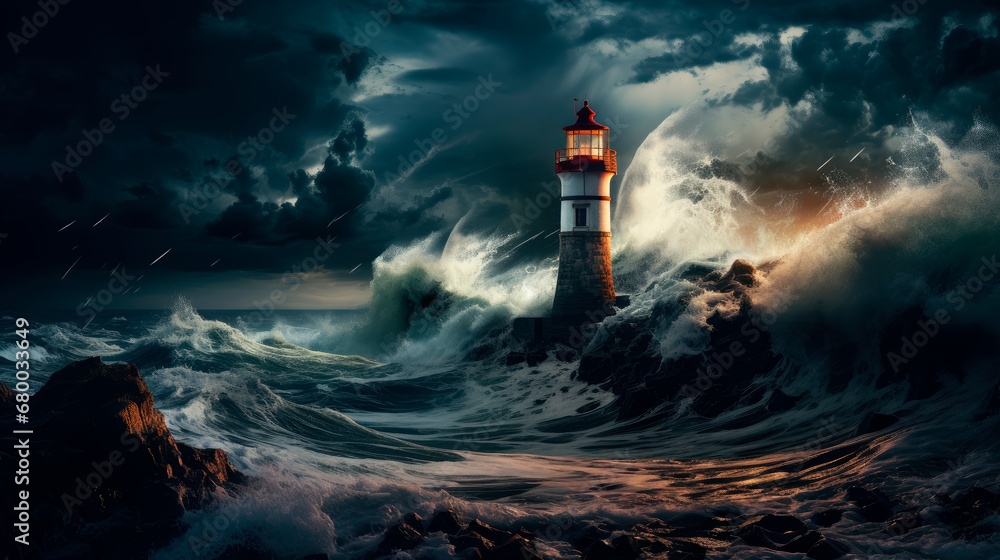 Lighthouse in a storm with thunder, lightning and big waves.