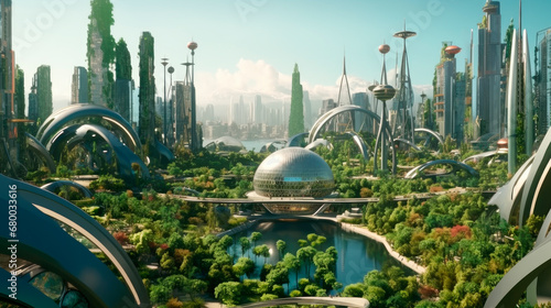 Futuristic alien planet with green city of the future, harmony of city and nature. Futuristic space city with architecture of the future.