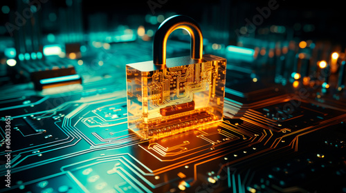 Cyber security concept. Padlock on digital technology background. Cyber data security or information privacy idea in mother server is processing the data. photo