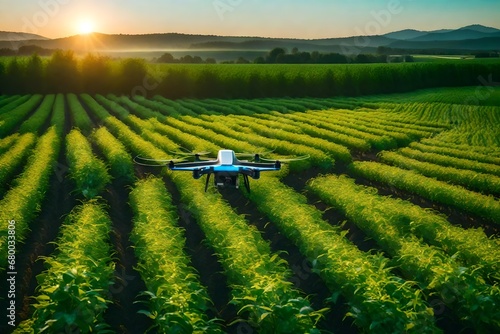 AI-powered agriculture with robotic drones monitoring and tending to crops