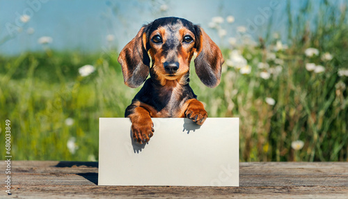 Adorable wire-haired dachshund holding a blank sign