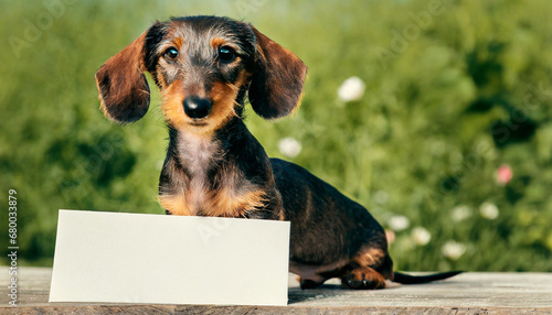 Adorable wire-haired dachshund holding a blank sign © Giuseppe Cammino