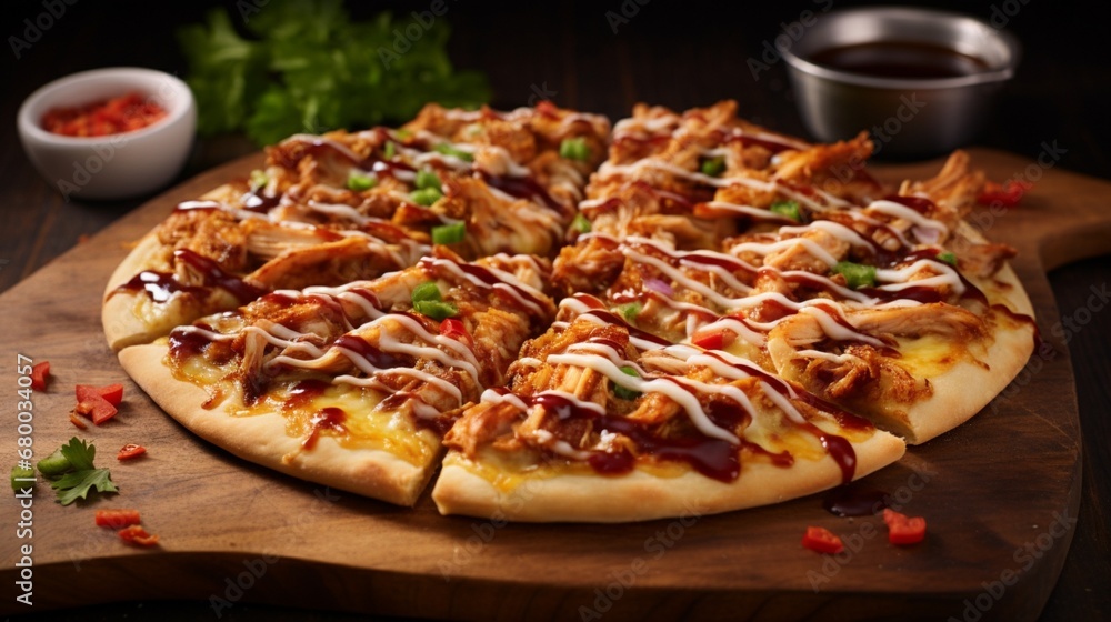 Dynamic image of a BBQ chicken pizza, emphasizing the visual appeal of the crispy crust, colorful toppings, and the glossy barbecue sauce, promising a culinary masterpiece.