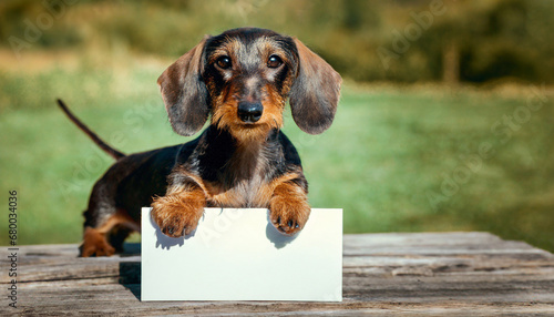 Adorable wire-haired dachshund holding a blank sign