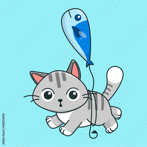 cute cat flying with fish balloons