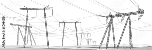 High voltage transmission systems. Electric pole. Power lines. A network of interconnected electrical. Energy pylons. City electricity infrastructure. Gray otlines on white background. Vector design
