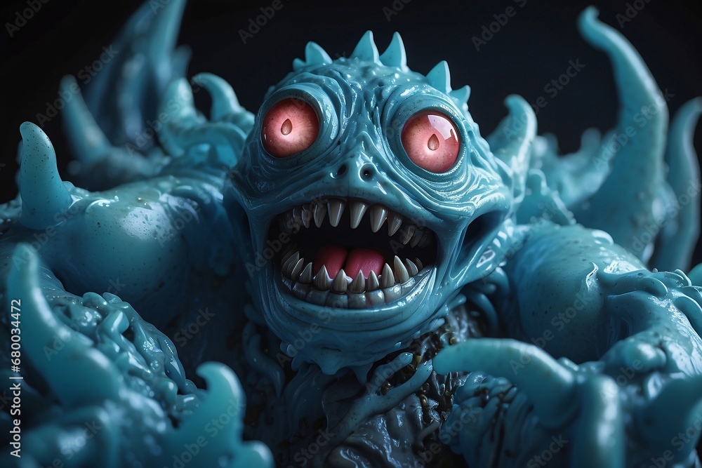 A picture of detailed blue slime monster with a scary smile. A picture of detailed blue slime monster with a scary smile.
