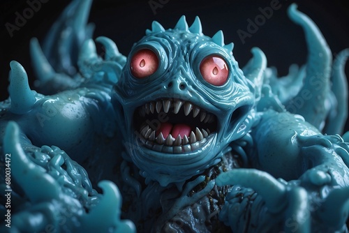 A picture of detailed blue slime monster with a scary smile.