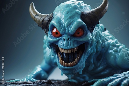 A picture of detailed blue slime monster with a scary smile. photo