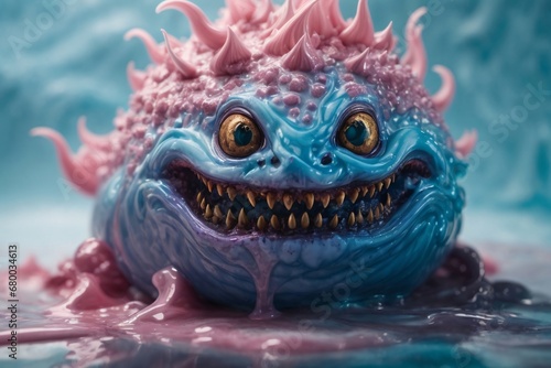 A picture of detailed blue slime monster with a scary smile.