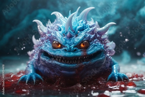 A picture of detailed blue slime monster with a scary smile. © kapros76