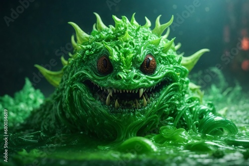 A picture of detailed green slime monster with a scary smile. © kapros76