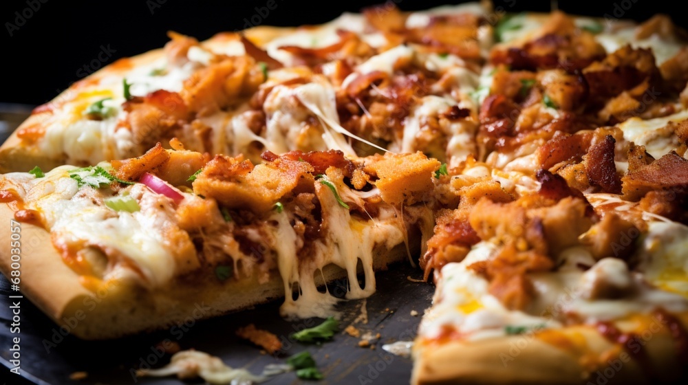 Extreme close-up of a Chicken Bacon BBQ Ranch Pizza showcasing layers of flavor - obrazy, fototapety, plakaty 