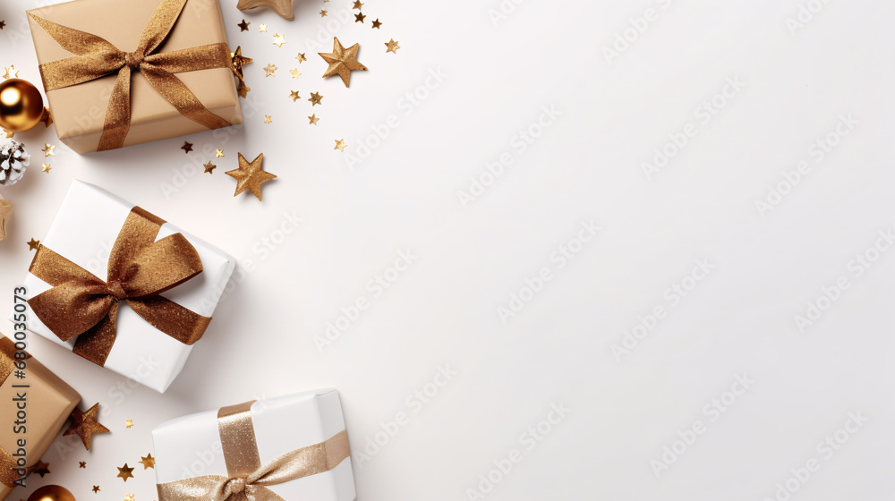 Christmas and New Year background with golden decorations and gift boxes on white Christmas and New Year background with golden decorations and gift boxes on white