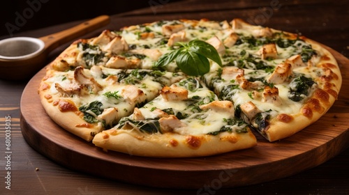 Exquisite Chicken Florentine Pizza with a focus on creamy spinach and garlic flavor