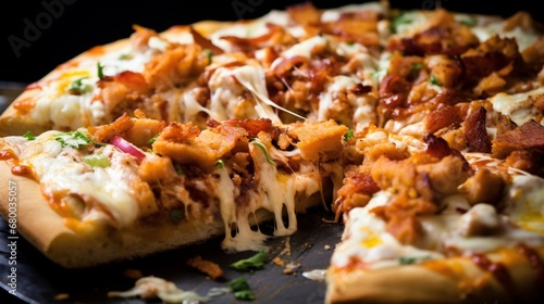 Extreme close-up of a Chicken Bacon BBQ Ranch Pizza showcasing layers of flavor photo